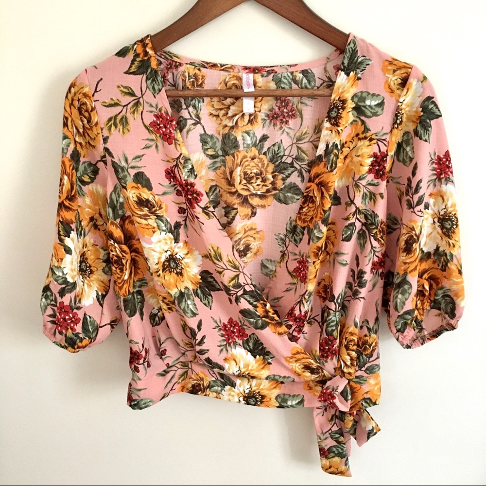 Xhilaration Pink Floral Faux-Wrap Tie Waist Top